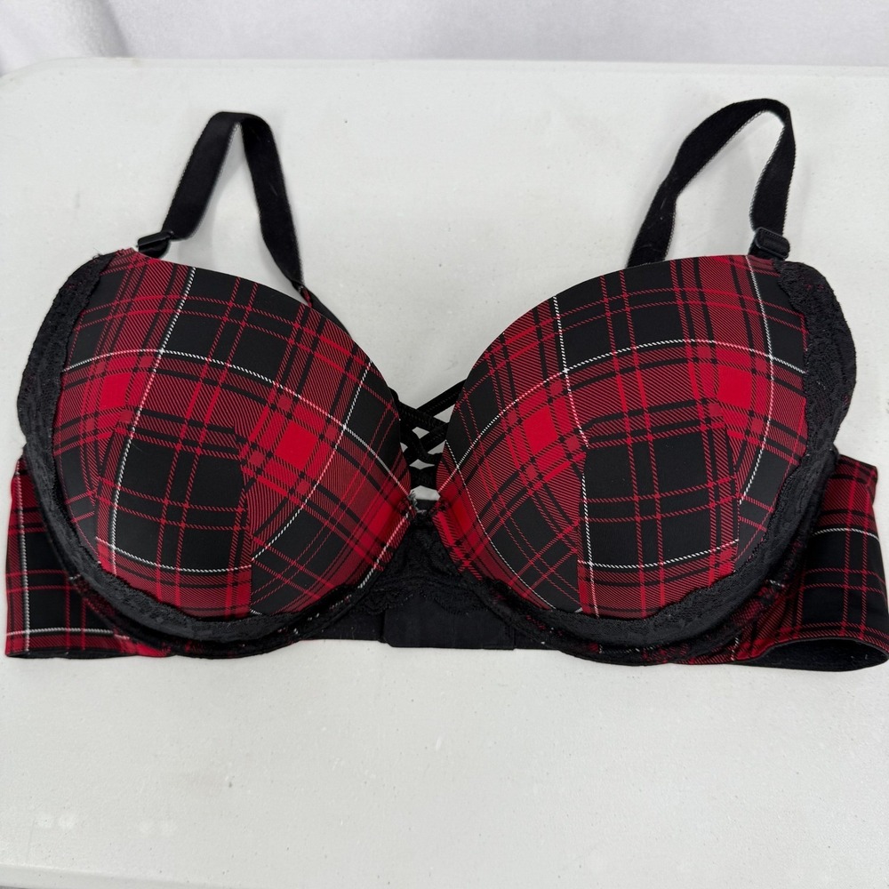 Torrid Curve Plaid Bra Lace Straps Corset Back Black Red 42DD Underwire